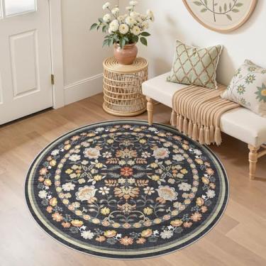 Imagem de UERMEI Tapete redondo de 1,2 m para sala de estar, 10 x 10 cm, lavável, vintage, floral, grande, macio, antiderrapante, tapete fino, para quarto, sala de jantar, sala de jogos, escritório, decoração
