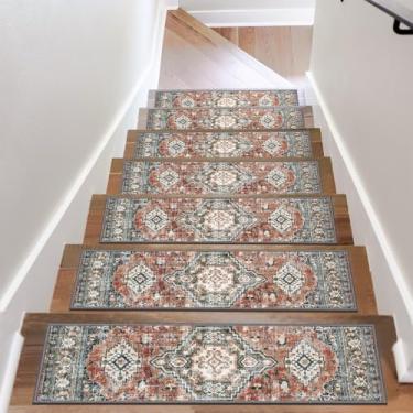 Imagem de Degraus de escada vermelhos enferrujados antiderrapantes para degraus de madeira tapetes de escada de interior, tapetes de escada de suporte de borracha, tapetes de escada de 20,3 x 76,2 cm, tapetes