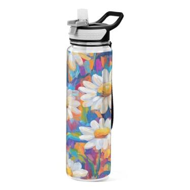 Imagem de xigua White Daisies Garrafa de água com tampa de palha, garrafas de água transparentes à prova de vazamentos para esportes ao ar livre, beber fitness, treino, viagem, 940 ml
