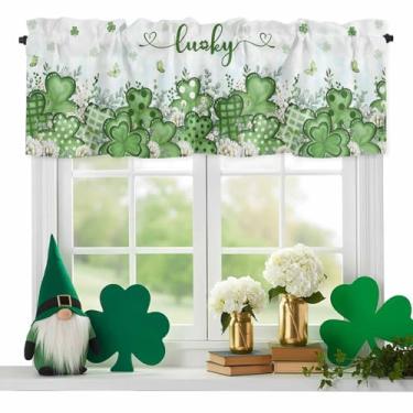 Imagem de Sanefas de Dia de São Patrício para janelas, aquarela, trevos da sorte, bolso de varão, sanefa de cozinha, folhas verdes, tratamento de janela pequena, cortinas curtas para cozinha, café, sala de