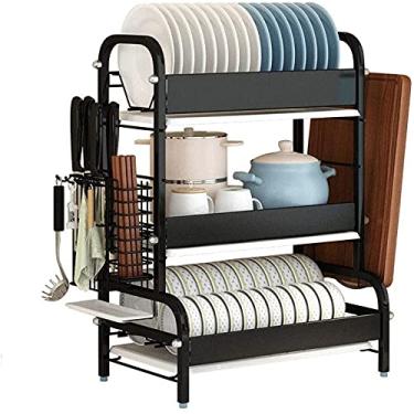 Imagem de U5GAAALPPQ9 Escorredor de pratos escorredor de pratos de aço inoxidável preto de 3 camadas bandeja de drenagem para pratos de secagem e suprimentos de armazenamento, suporte de prato de panela