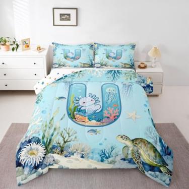 Imagem de Erosebridal Axolotl Conjunto de cama casal para meninas, meninos, letra U, lindo oceano azul, salamandra, desenho animado axolotl, monograma, edredom para crianças, adolescentes e adultos