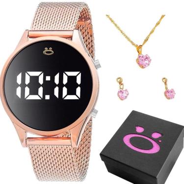 Imagem de Relogio Digital Feminino Led + Brinco + Caixa + Colar Strass