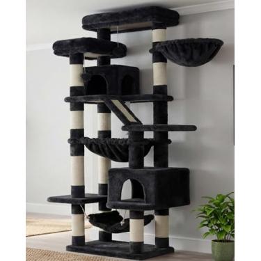 Imagem de Heybly Árvore para gatos, torre de 188 cm de altura para gatos internos com 2 poleiros, 2 condomínios grandes, 2 redes, cesta, arranhador, móveis e condomínios para gatos grandes, cinza esfumaçado