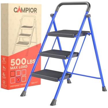 Imagem de Banqueta azul dobrável com 3 degraus – Banqueta dobrável resistente para adultos, capacidade de 226 kg, pés antiderrapantes e degraus largos, estrutura de aço resistente, design leve e econômico para