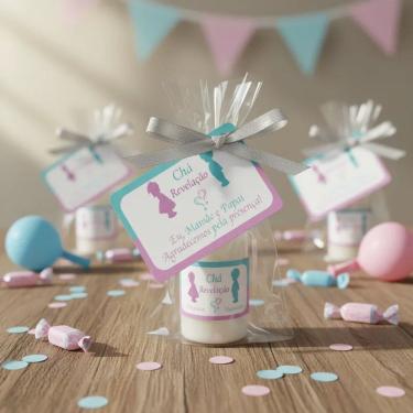 Imagem de Kit 25 Lembrancinhas Mini Hidratante Chá Revelação Menino ou Menina Festa Infantil