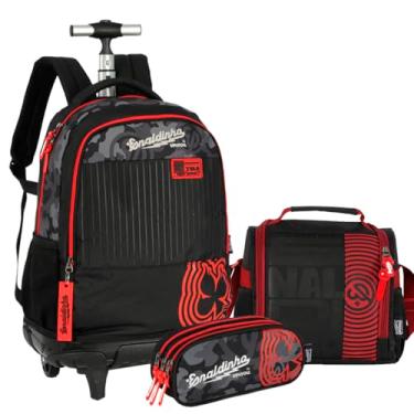 Imagem de Kit Mochila Rodinha Enaldinho Juvenil Escolar Carrinho 360 Notebook (preta) com lancheira e estojo