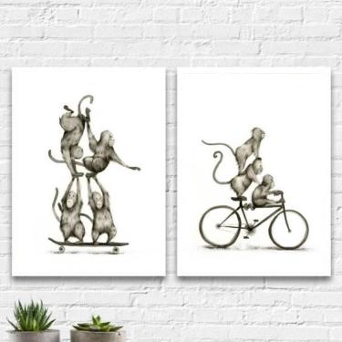 Imagem de Kit 2 Quadros Macaquinhos Esportistas 45X34Cm Moldura Branca