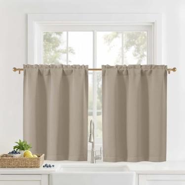 Imagem de OVZME Cortinas curtas de 91 cm de comprimento - Cortinas de cozinha com filtro de luz de tecido sólido, bolso duplo para varão, cortinas pequenas para trailer de armário, bege biscotti, 2 painéis, 76