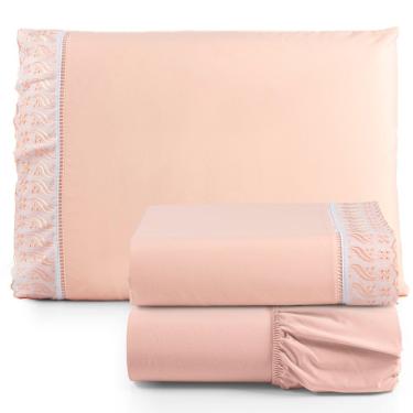 Imagem de Jogo de Lençol Suave Lese Percal 180 Fios Solteiro  3 Peças Barato - Salmão