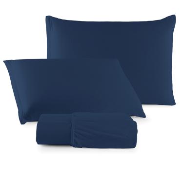 Imagem de Jogo de Cama Lençol Sereno Casal em Malha Algodão 3 Peças - Azul Marinho