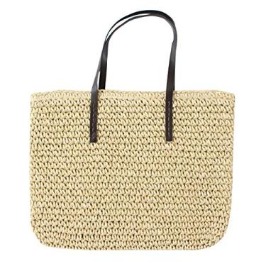 Imagem de Vgift Bolsa de ombro de palha feminina grande bolsa de verão de tecido feita à mão, Bege
