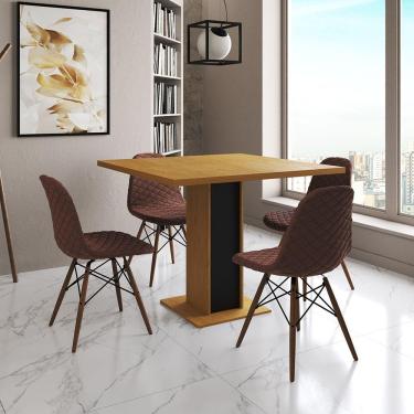 Imagem de Mesa Jantar Londres Quadrada Canela 90Cm Base Preta 4 Cadeiras Eames Estofadas Caramelo Madeira
