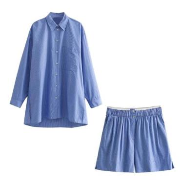 Imagem de Conjunto De Camisa Listrada Feminina E Shorts De Cintura Alta, 2 Peças