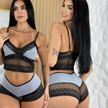 Imagem de Conjunto Cropped Renda Sem Bojo Calcinha Caleçon Lingerie Feminina Con
