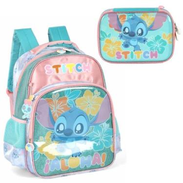 Imagem de Mochila Stitch Costa Juvenil Escolar Turquesa Com Estojo Box - Luxcel