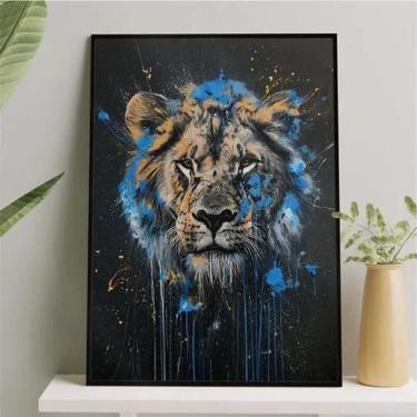 Imagem de Quadro Leão Tinta Azul 33X24Cm - Com Vidro