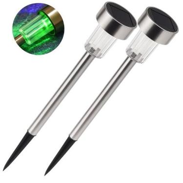 Imagem de Kit 2 Luminarias Solar RGB de Jardim Balizador Prata Espeto Chão Quint