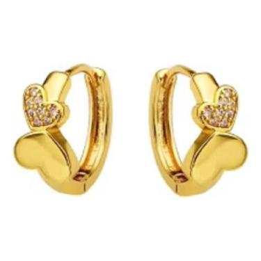 Imagem de Brinco Argola Coração F Ouro 18K Dourado Pedra Zirconia - De Castro Jo