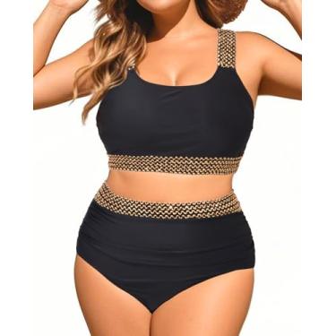 Imagem de Daci Biquíni feminino plus size de duas peças - maiôs de cintura alta com controle de barriga 2025, Preto, dourado, 20 Plus Size