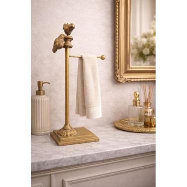 Imagem de Porta Toalha Lavabo Provençal Dourado de Bancada em Ferro com Pássaros