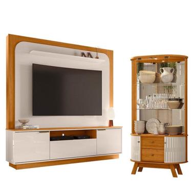 Imagem de Estante Home Theater Nilo Sem Pés Com Cristaleira Moss Cinamomo Off White - Madetec