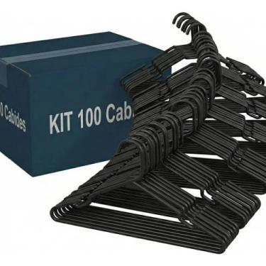 Imagem de Kit 100 Cabides Plástico Preto Antideslizante Cavado Roupas Adulto - V