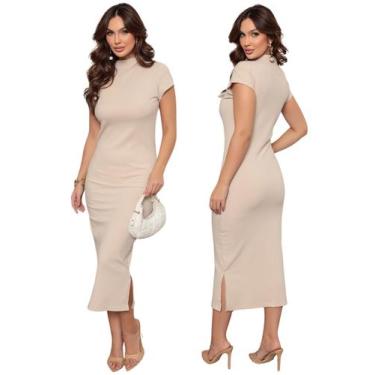 Imagem de Vestido Feminino Manga Curta Canelado Fenda Lateral - Ewg Jeans, Bege,