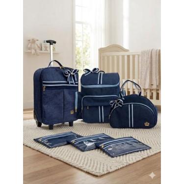 Imagem de kit de mala maternidade de rodinhas mochila bolsa lateral azul e saqui