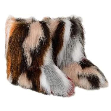 Imagem de TangDao Botas coloridas de pele sintética para mulheres, felpudo, felpudo, bico redondo, camurça, inverno, confortável, pelúcia, quente, curto, botas de neve, botas de cano médio para