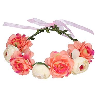Imagem de Coroa floral, guirlanda de cabelo de flor artificial para mulheres, amigas, para casamentos, festas, festivais, praias, tirar fotos (coral bege)