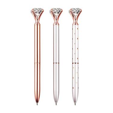 Imagem de 3 peças de canetas esferográficas de diamante de cristal grande Bling para presente de artigos de escritório, ouro rosa/prata/branco com bolinhas rosas/, inclui 3 refis de caneta