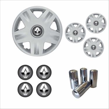 Imagem de Jogo Calota Aro 14 Clio Sandero 2004 Renault + Emblema Resinado + Tampa Ventil Cromada