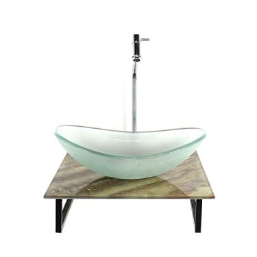 Imagem de KIT CUBA DE VIDRO OVAL 10MM JATEADA COM TAMPO DE VIDRO 40CM X 40CM MÁRMORE MARFIM E SUPORTE TORNEIRA VALVULA