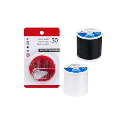 Imagem de Pacote com 2 da Coats & Clark – 1 fio preto e 1 branco duplo para todos os fins – 130 metros cada carretel – Pacote com 45 agulhas de mão sortidas