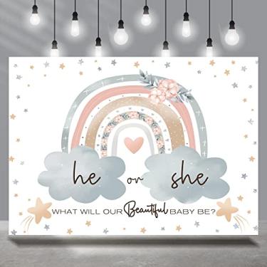 Imagem de Rsuuinu Arco-íris Gênero Revelar Pano de Fundo Ele ou Ela Decorações de Festa Nuvem Fundo Fotografia Estrela Bebê Crianças Revelar Gravidez Surpresa Festa Foto Banner Suprimentos Adereços de Cabine de Foto 2,1x1,5 m