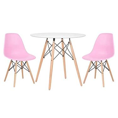 Imagem de Loft7, KIT - Mesa redonda Eames 80 cm branco + 2 cadeiras Eiffel DSW rosa claro