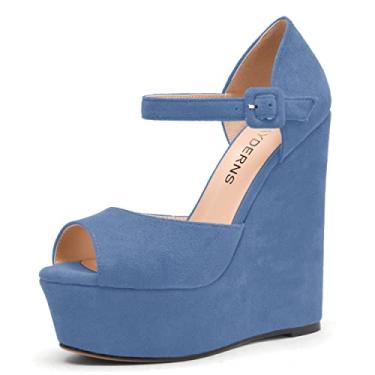Imagem de WAYDERNS Sapato feminino peep toe camurça sexy plataforma tira no tornozelo fivela sólida casamento cunha salto alto sapatos 6 polegadas, Azul-escuro, 7.5