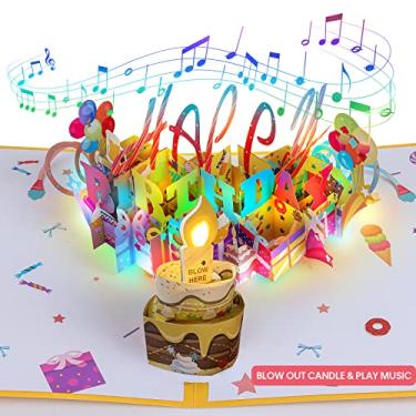Imagem de 3D Musical Birthday Card, Blowable LED Light Candle 3D Birthday Popup Cards with Music, Blow Out Led Light Candle, and Play Happy Birthday Music for Kids Men and Women