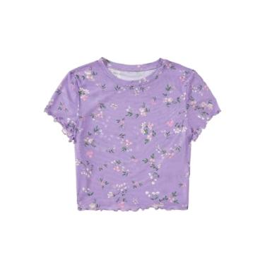 Imagem de SOLY HUX Camiseta feminina de malha com estampa floral e manga curta com acabamento de alface, Lilás, roxo, floral, P