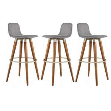 Imagem de Kit 3 Banquetas Modernas Retro Bancos Altos Para Balcao de Cozinha e Area Gourmet Tecido Linho Cinza Com Travamento em Ferro Cor Champagne Linha Alta De Qualidade