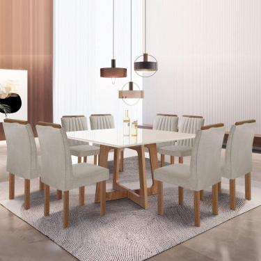 Imagem de Conjunto Mesa Arizona 135cm com 8 Cadeiras Arizona Tampo Slim Plus com Vidro Chocolate/Off White/Veludo Bege Claro