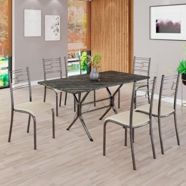 Imagem de Conjunto Sala de Jantar Mesa Retangular 140x75cm Tampo Pedra Ardósia Indiana 6 Cadeiras Paraty Creme / Mart Prata