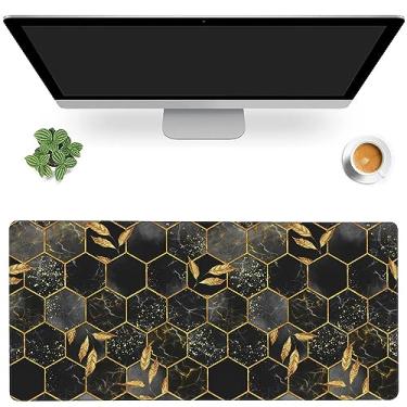 Imagem de MIOAOSRT Tapete de mesa, mármore abstrato com folhas douradas mouse pad para jogos, tapete de mouse estendido XXL para escritório, computador, teclado com base antiderrapante costurada Eges Mousepad 35,6x15,6 polegadas