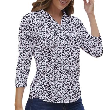 Imagem de Camisa polo feminina manga 3/4 golfe secagem rápida camisetas FPS 50+ atléticas casuais de trabalho tops para mulheres, Manga 3/4 - flores de leopardo rosa, 3G