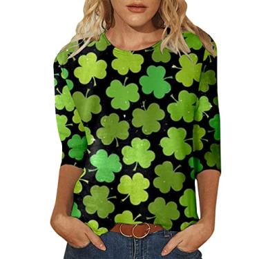 Imagem de Camisetas femininas do Dia de São Patrício com estampa da bandeira americana irlandesa, túnica verde, manga 3/4, Preto, XXG
