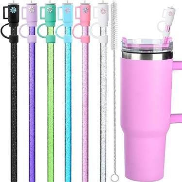 Imagem de Pacote com 12 canudos e capas de glitter de substituição para copo Stanley Adventure Travel Tumbler de 1,134 g, canudos reutilizáveis de glitter com escova de limpeza, compatível com jarro de água