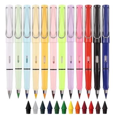 Imagem de iHMeiju 12 lápis de cor eterna sem tinta com borrachas, lápis de metal para colorir infinito, eterno, com 12 cabeças substituíveis extras, sem tinta para esboço, desenho, material escolar.