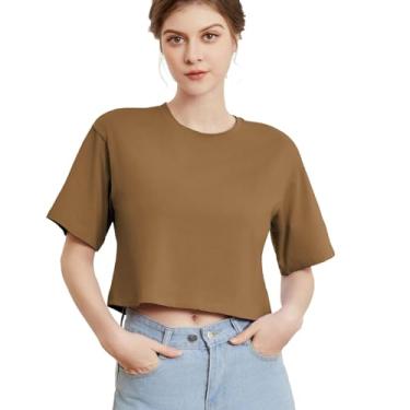 Imagem de Gemgru Camisetas curtas de algodão para mulheres, meia manga, quadradas, caimento solto, comprimento na cintura, Marrom camelo, GG