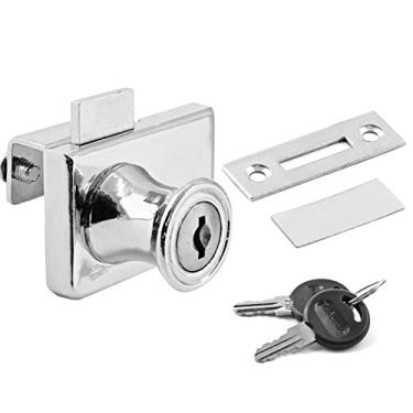 Imagem de LDEXIN Fechadura de armário de exibição de porta dupla com chaves, fechadura de porta de vidro de liga de zinco sem furadeira, trava de segurança para armário para vidro de espessura de 5-9 mm